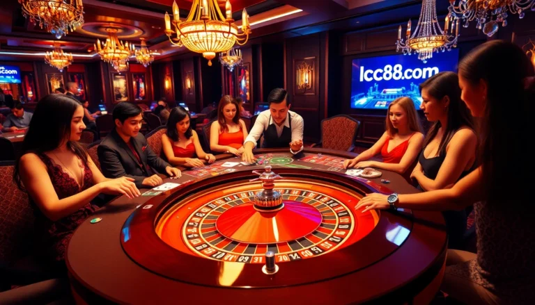 Experience the thrill of betting at lc88 com with a vibrant roulette table and engaged players.