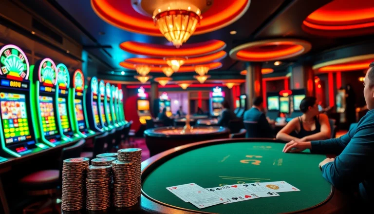 Experience the thrill of winning at https://okfun.accountant/ with vibrant casino gaming elements featuring slot machines and poker tables.